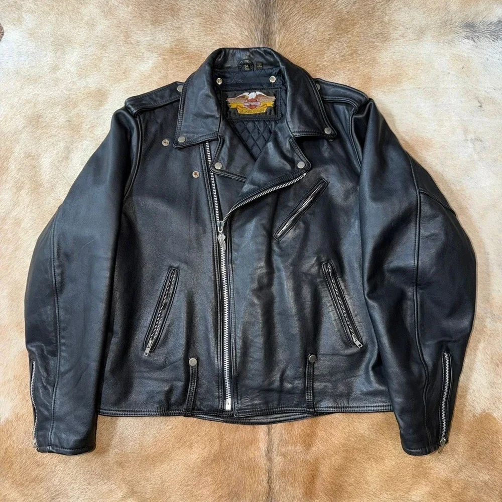 VTG Harley Davidson Leather Biker Jacket 54 Tall Mens Black Double Rider Quilted